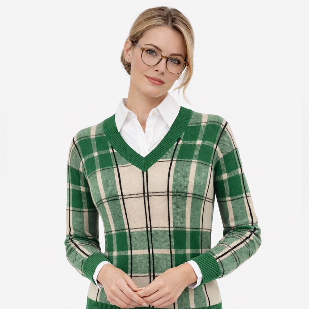 Tahari Green Plaid V-Neck Sweater